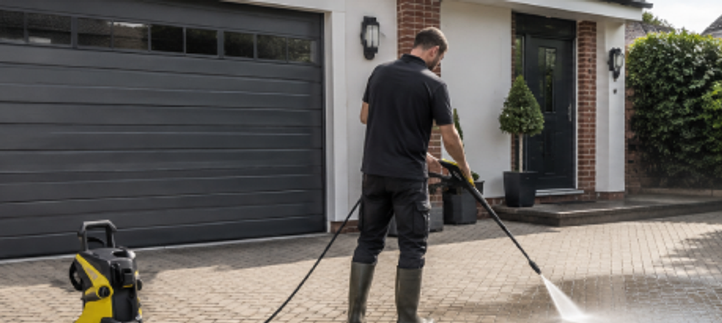 man jet pressure washing driveway