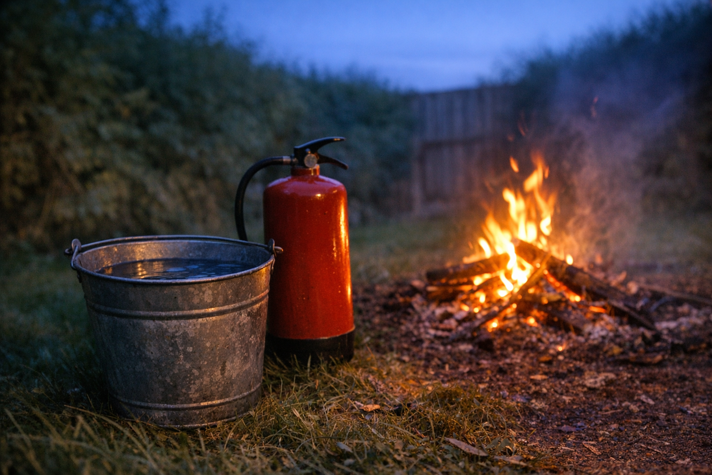 A bucket of water and a fire extinguisher beside a garden bonfire at dusk