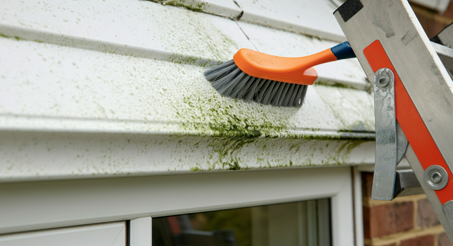 A soft brush cleaning a UPVC fascia board from a ladder, with visible green staining underneath.