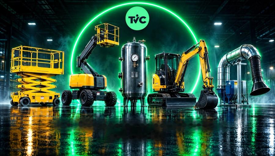 Scissor lift, boom lift, pressure vessel, mini excavator and LEV ducting lined up under the green TIC halo