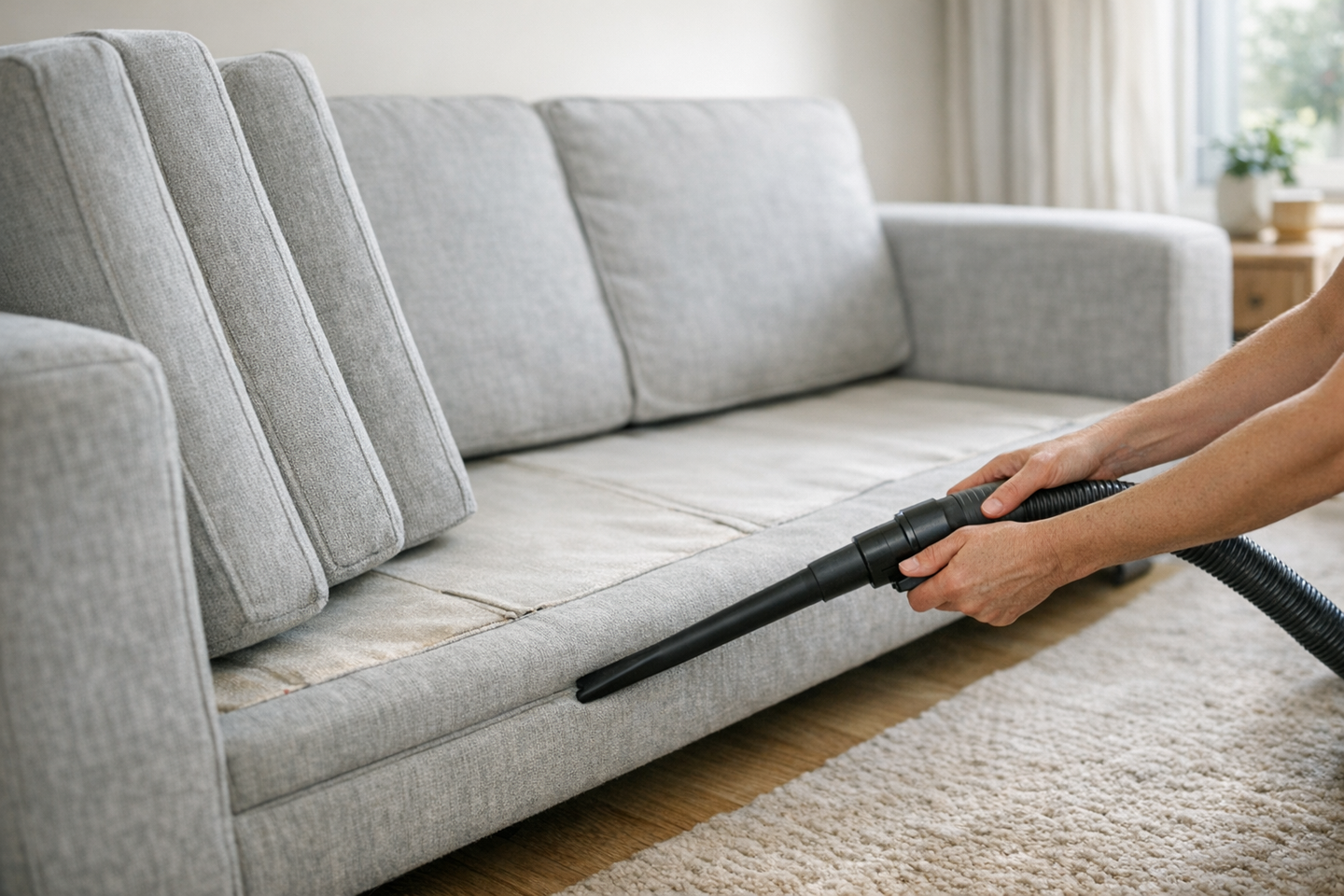 Vacuuming a fabric sofa and its seams before cleaning with an upholstery attachment
