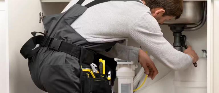 A person fixing a sink using a wrench
