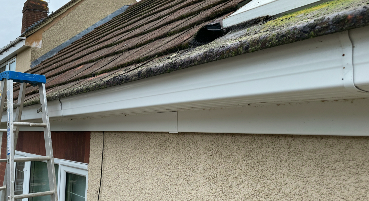 Fascia boards and soffits on a house exterior ready for cleaning.
