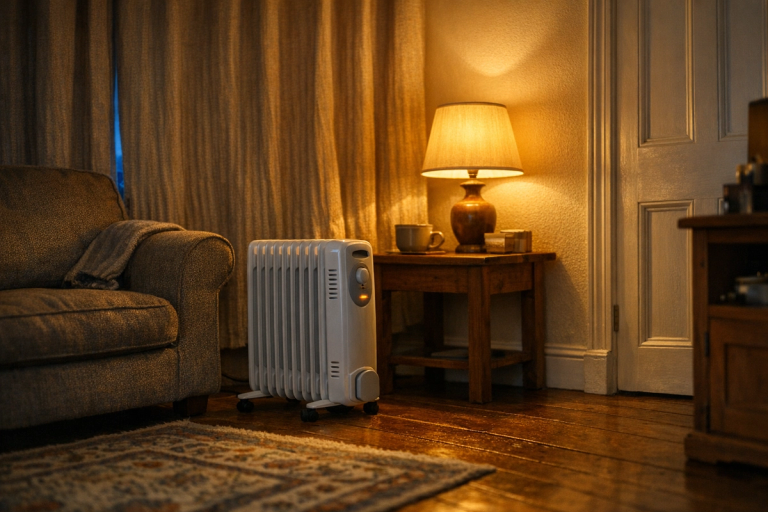 Cosy living room on a cold evening with curtains drawn and a portable oil-filled radiator warming the space