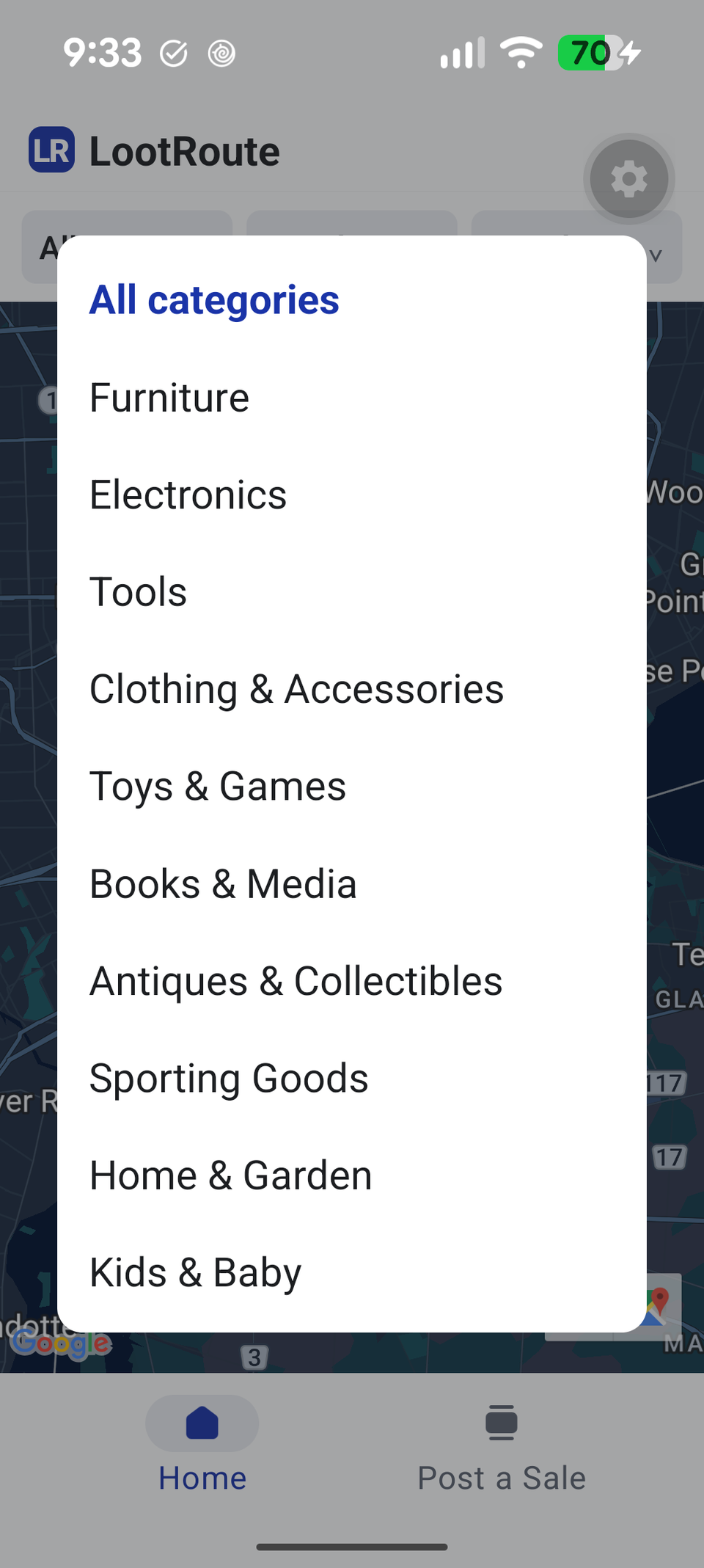 The category filter menu, listing ten sale categories from Furniture to Kids & Baby.