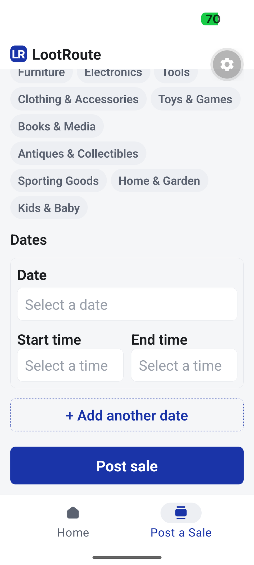 The bottom of the sale form, with category tags, date and time fields, and a “Post sale” button.