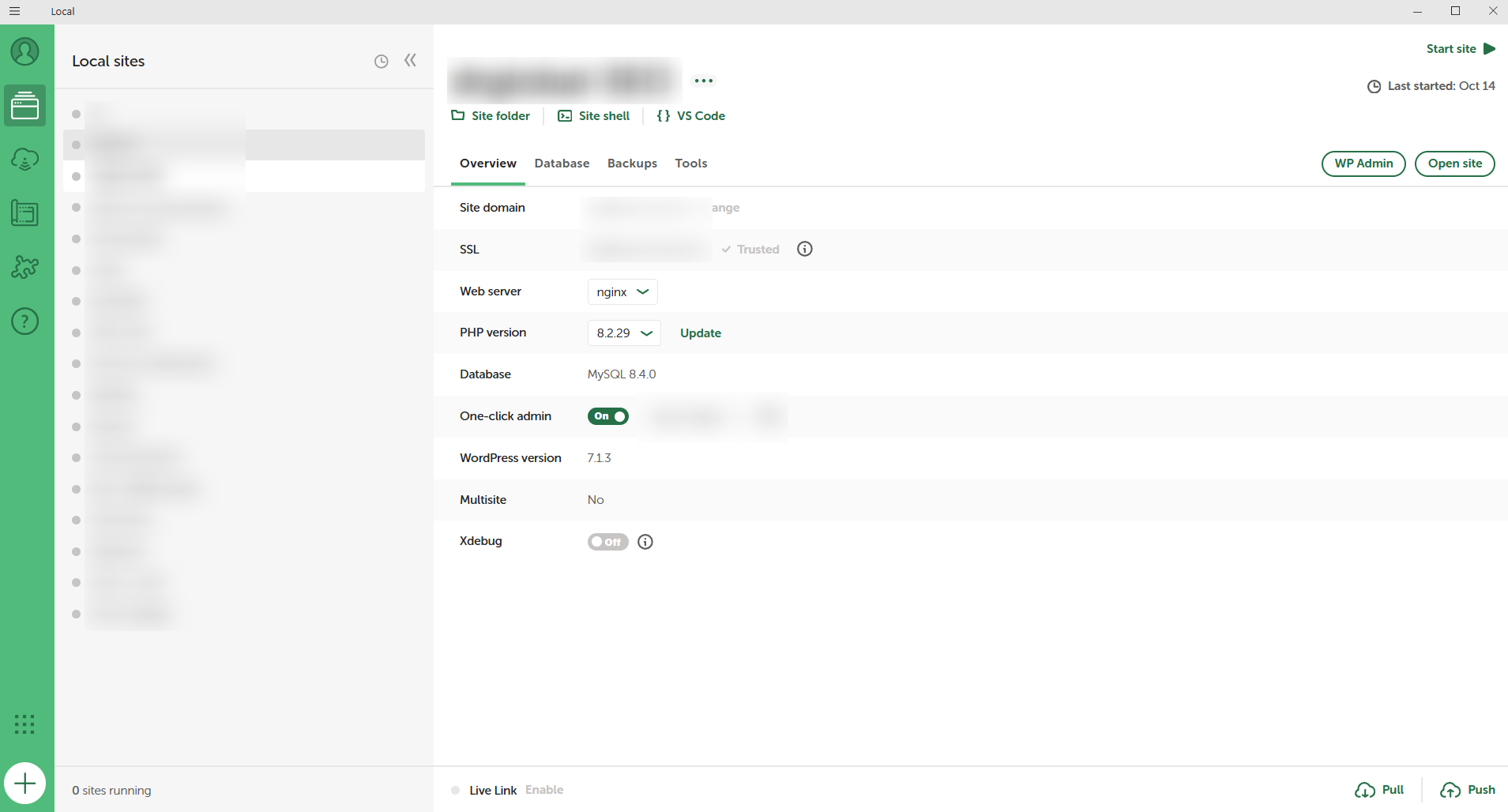 Local Dashboard with an overview of the site, the server, PHP version, DB and WP Versions