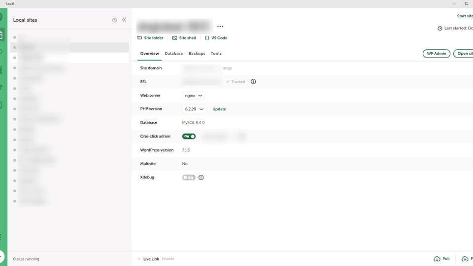 Local Dashboard with an overview of the site, the server, PHP version, DB and WP Versions