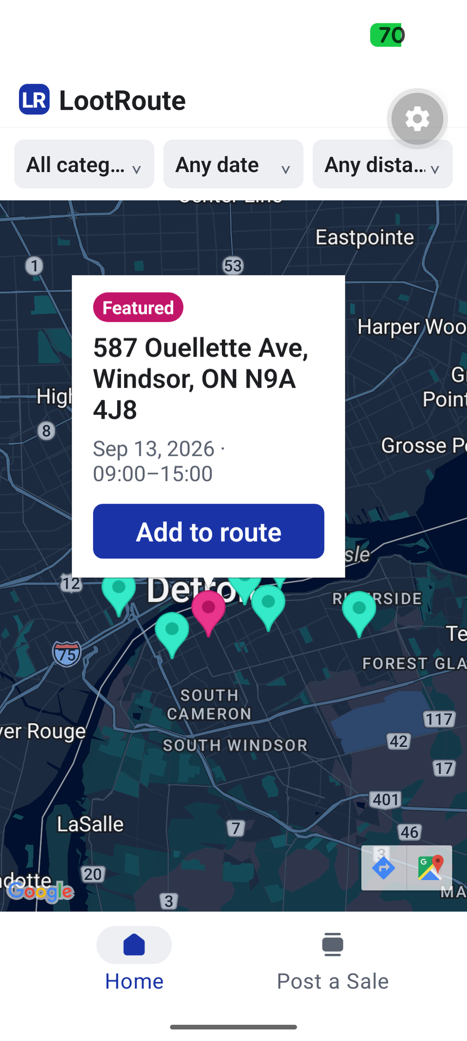 A featured sale popup on the map for 587 Ouellette Ave with an “Add to route” button.