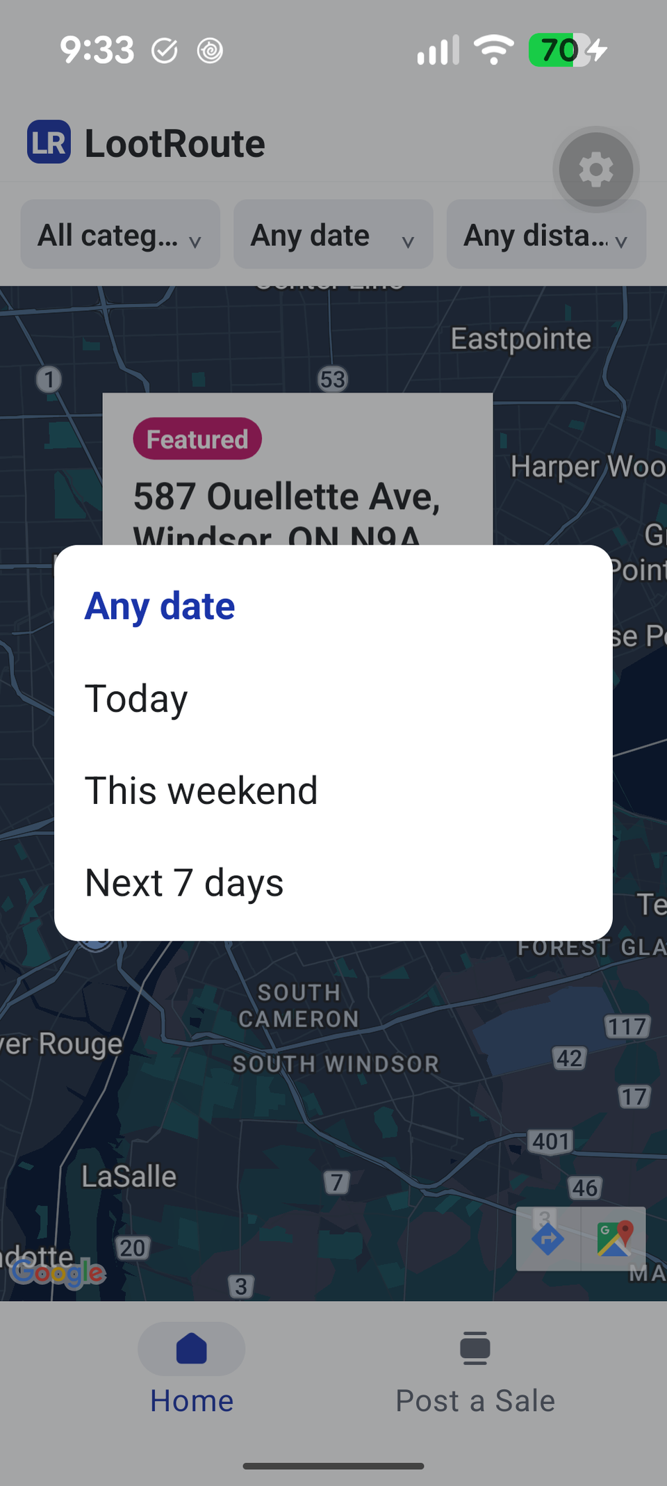 The date filter menu, with Any date, Today, This weekend, and Next 7 days options.