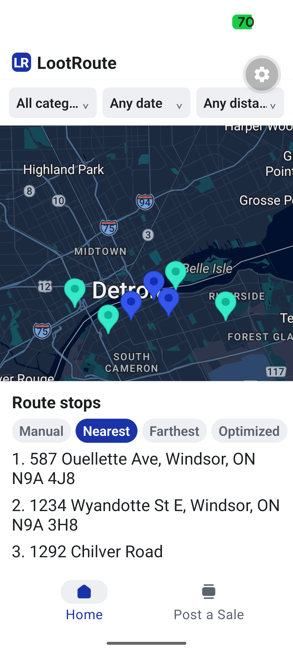 A map of yard sales around Windsor with three stops listed in nearest-first route order.