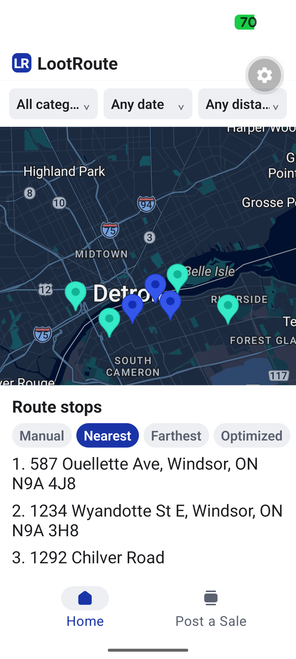 A map of yard sales around Windsor with three stops listed in nearest-first route order.