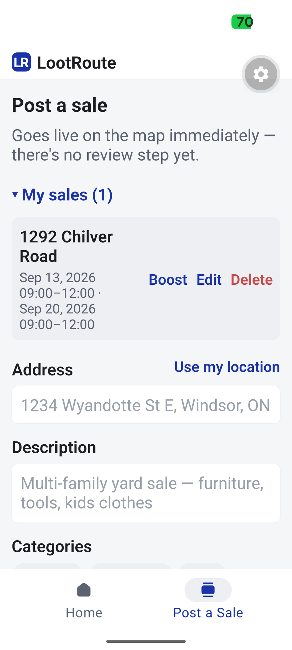 LootRoute’s “Post a sale” form, showing one active listing with Boost, Edit and Delete options above address and description fields.