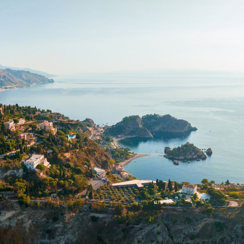 Aerial View of Taormina Coastline in Sicily, Italy