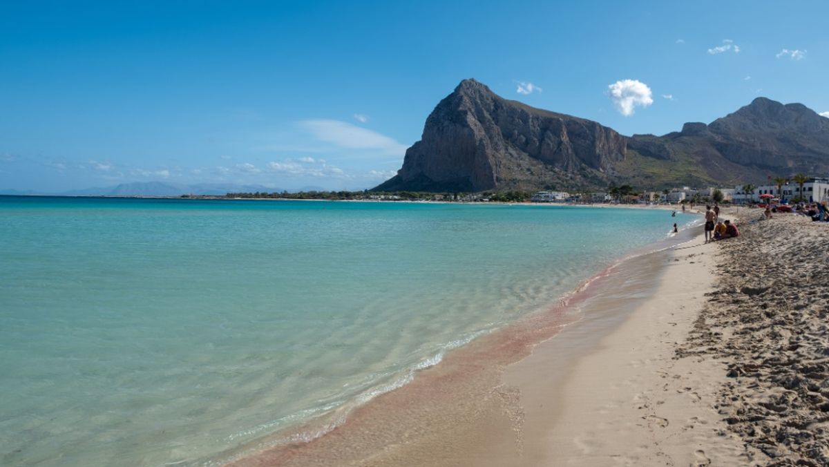 San Vito Lo Capo Sicily, San Vito lo Capo beach and Monte Monaco in background, north-western Sicily