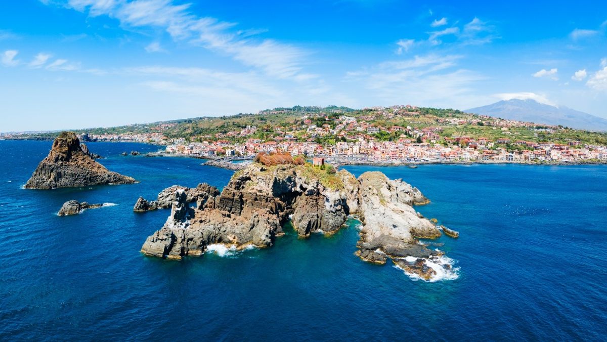 Cyclopean Isles aerial panoramic view in Aci Trezza
