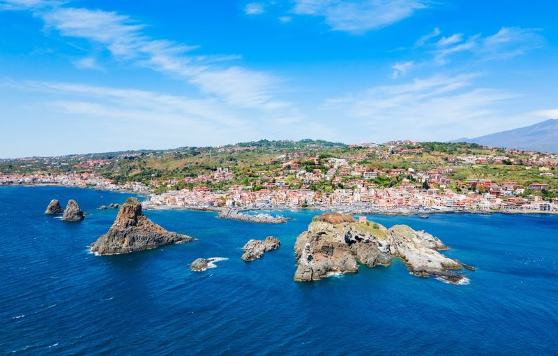 Cyclopean Isles aerial panoramic view in Aci Trezza