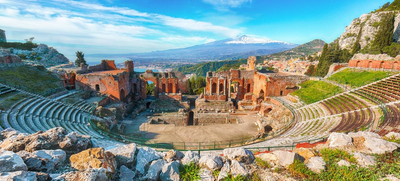 Belvedere of Taormina and San Giuseppe church on the square Piazza IX Aprile in Taormina. Sicily, Italy