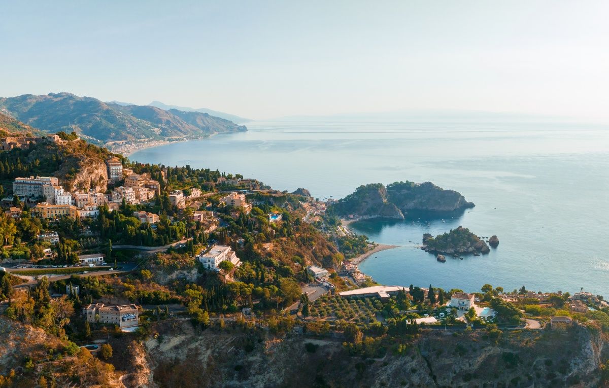Aerial View of Taormina Coastline in Sicily, Italy