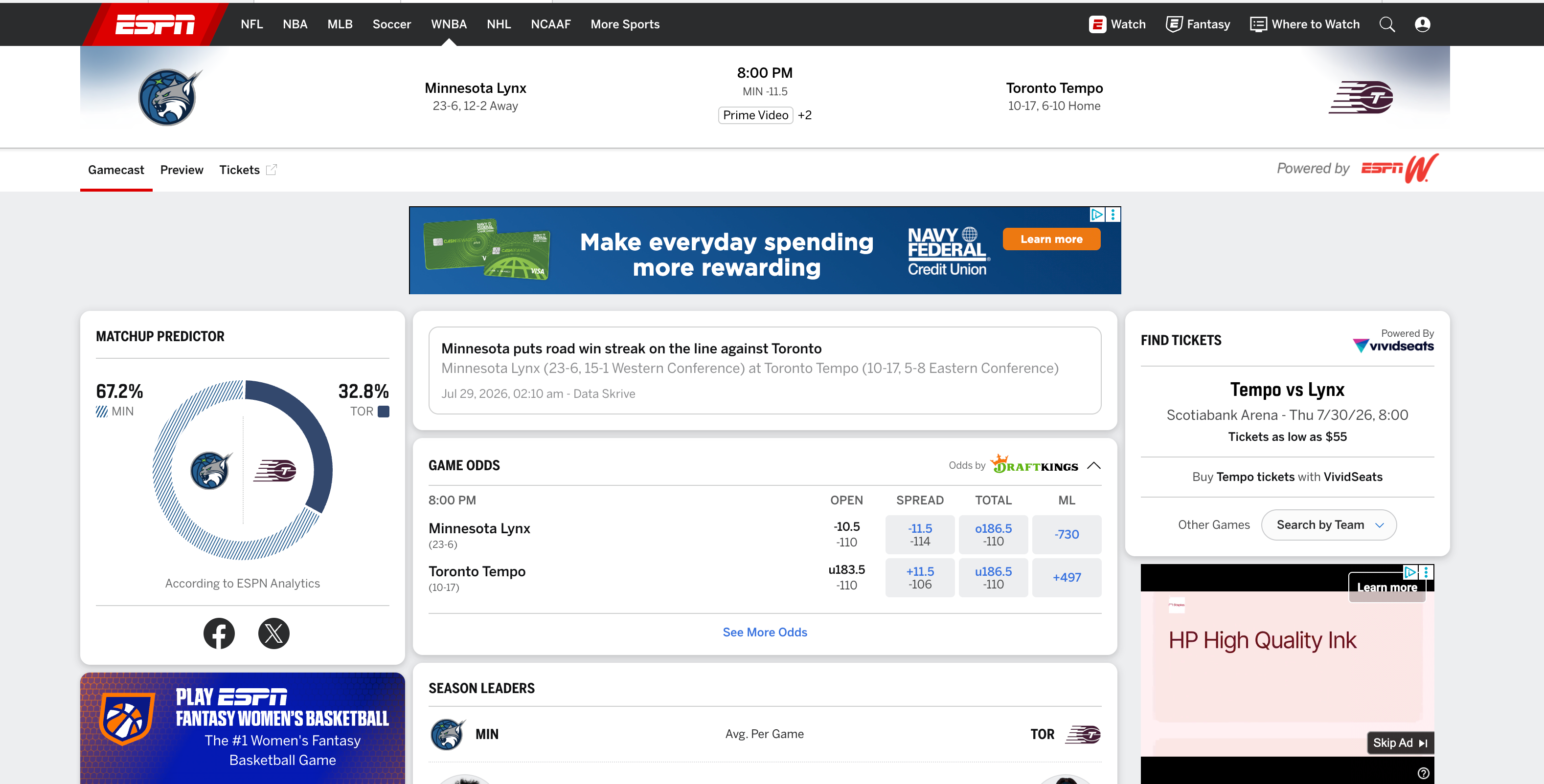 ESPN Gamecast page for the Minnesota Lynx vs. Toronto Tempo, featuring matchup predictions, game odds, tickets, and season leaders.