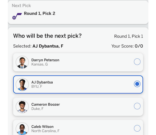 ESPN NBA Draft Pick Predictor screen showing AJ Dybantsa selected as the predicted first overall pick, with additional player options listed below.