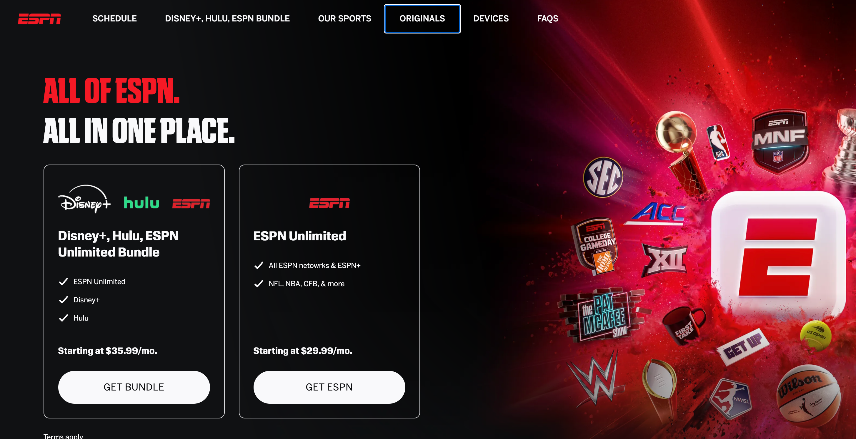 ESPN subscription landing page showing Disney+, Hulu, and ESPN bundle options alongside sports league and show graphics.