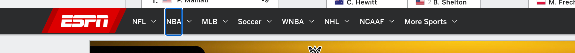 ESPN desktop navigation bar with the NBA menu item highlighted in a blue focus outline.