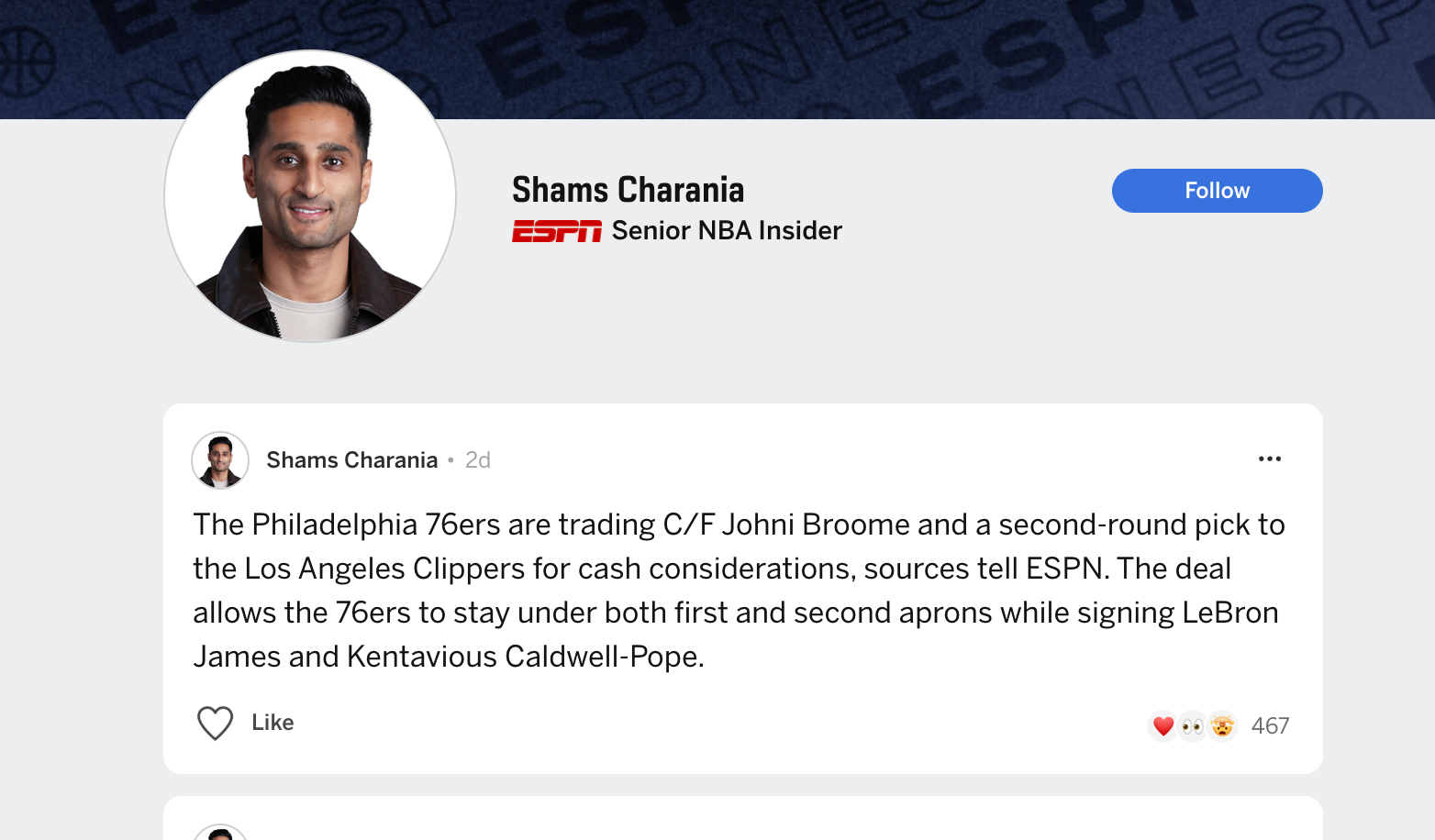 ESPN contributor page featuring NBA insider Shams Charania, with a follow button and a feed of breaking news posts.