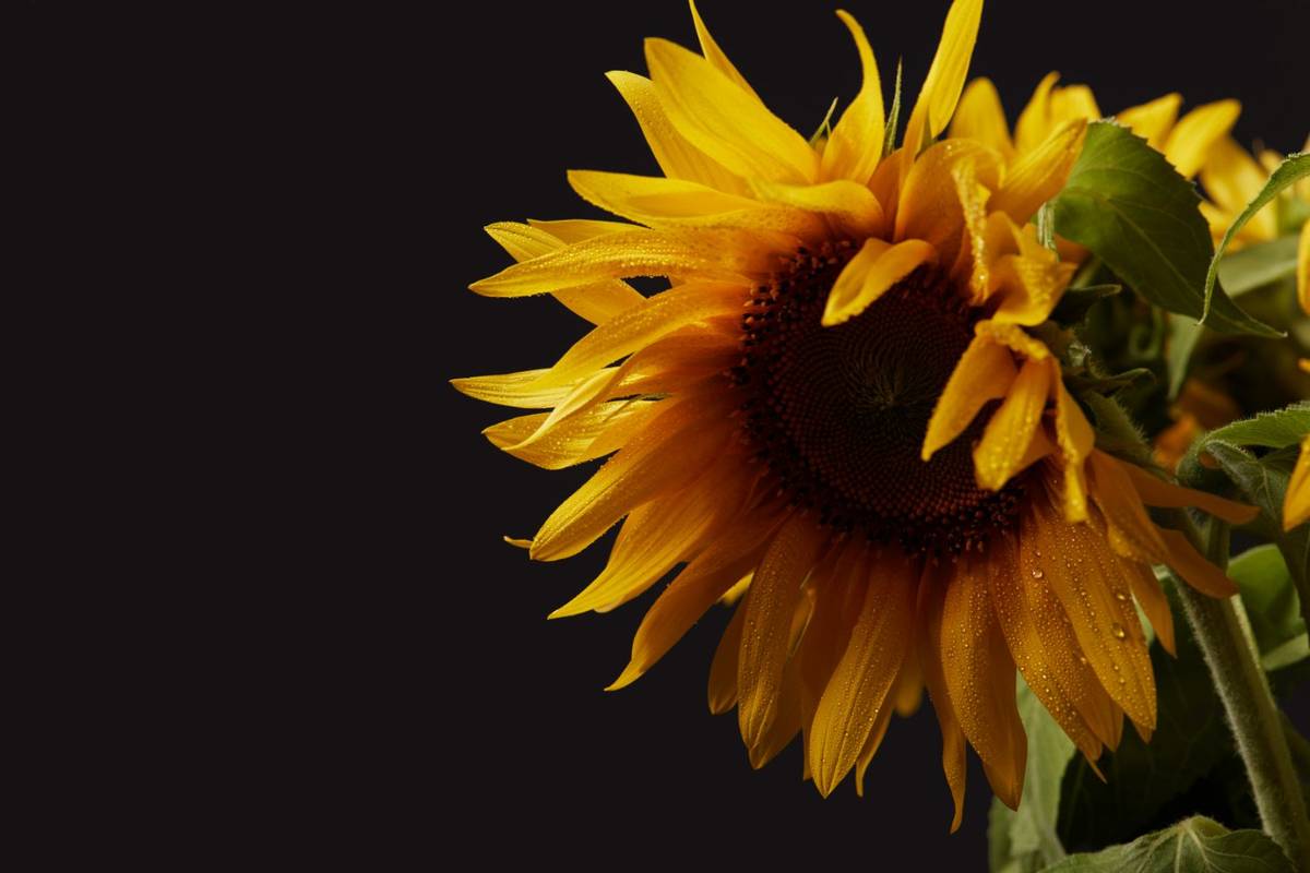 Eine Sonnenblume mit Tautropfen, hell beleuchtet vor schwarzem Grund