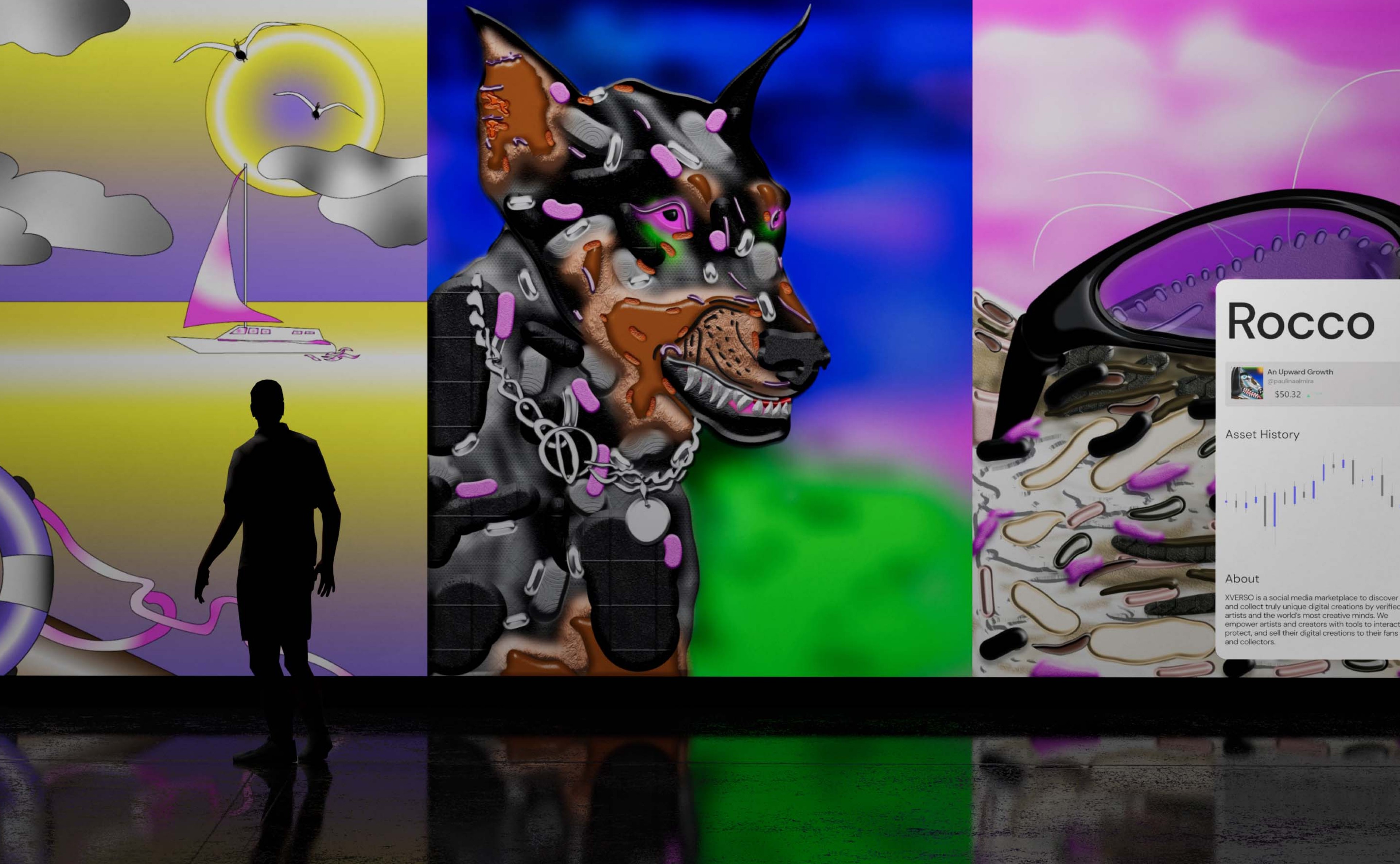 A Xverso exhibition hoarding showing a key visual and artwork at an event