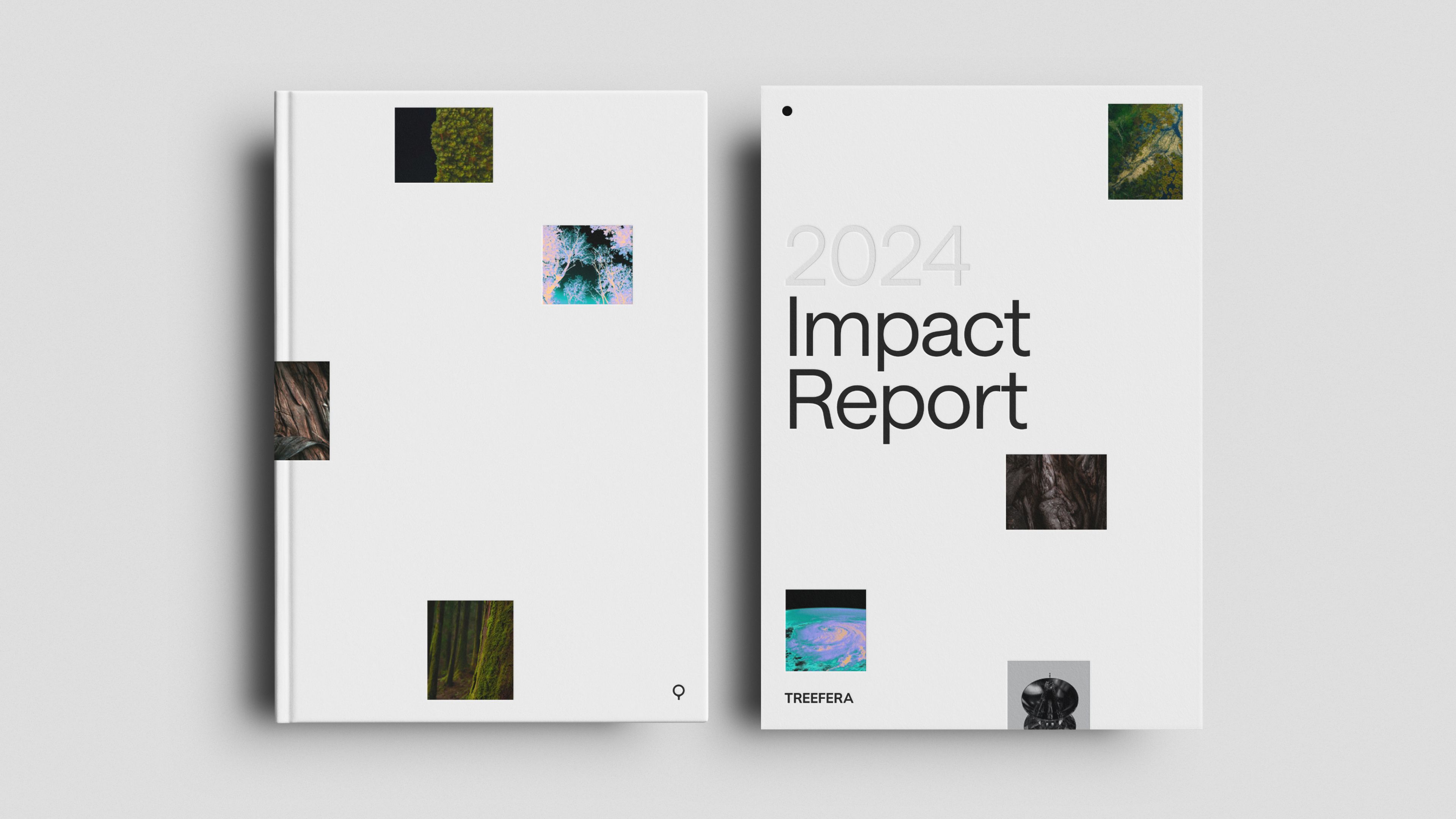 An image of Treefera brand as layouts in a book showing photography and type as a key visual