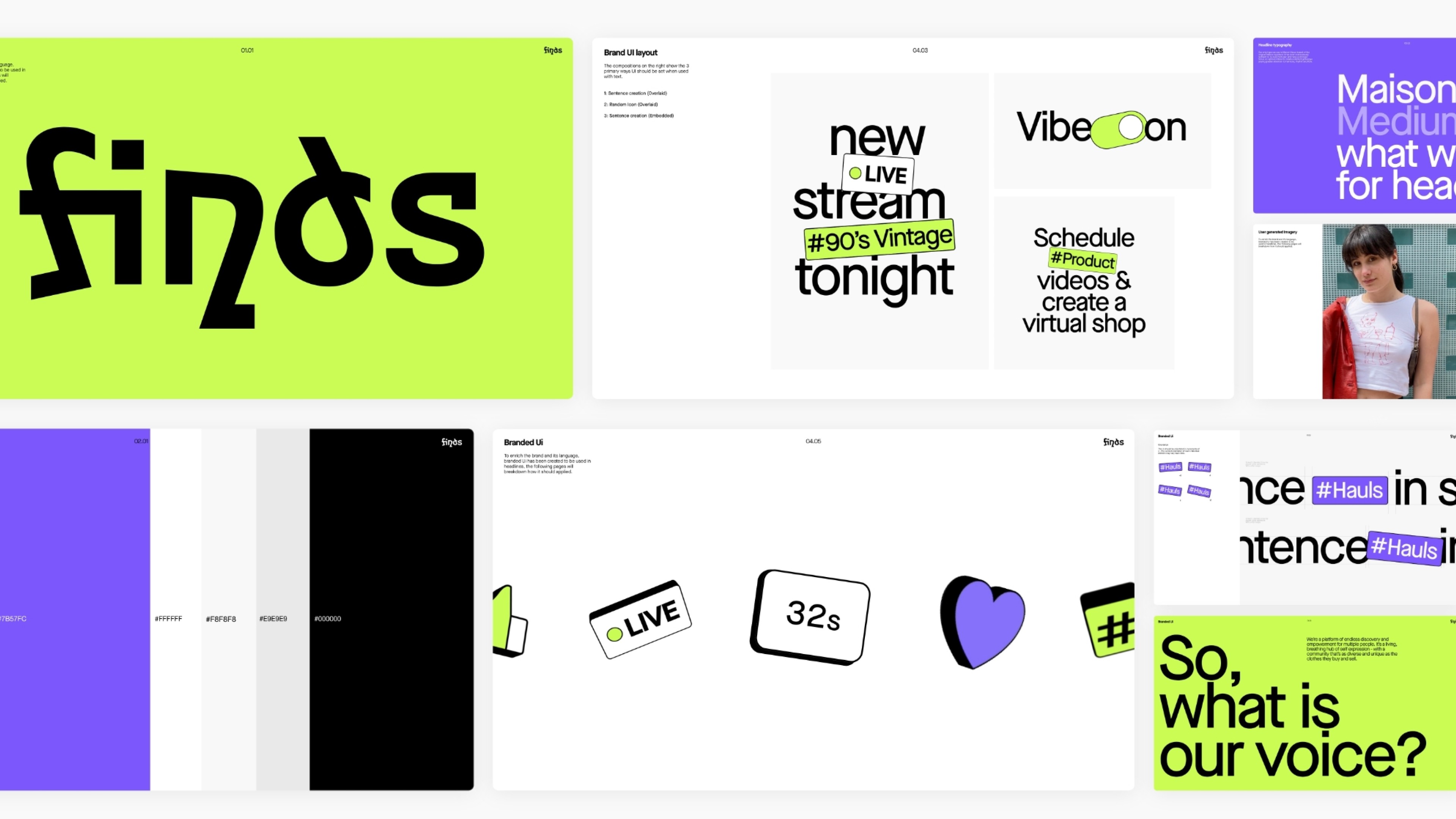 An image of Finds brand guidelines showing the brand system