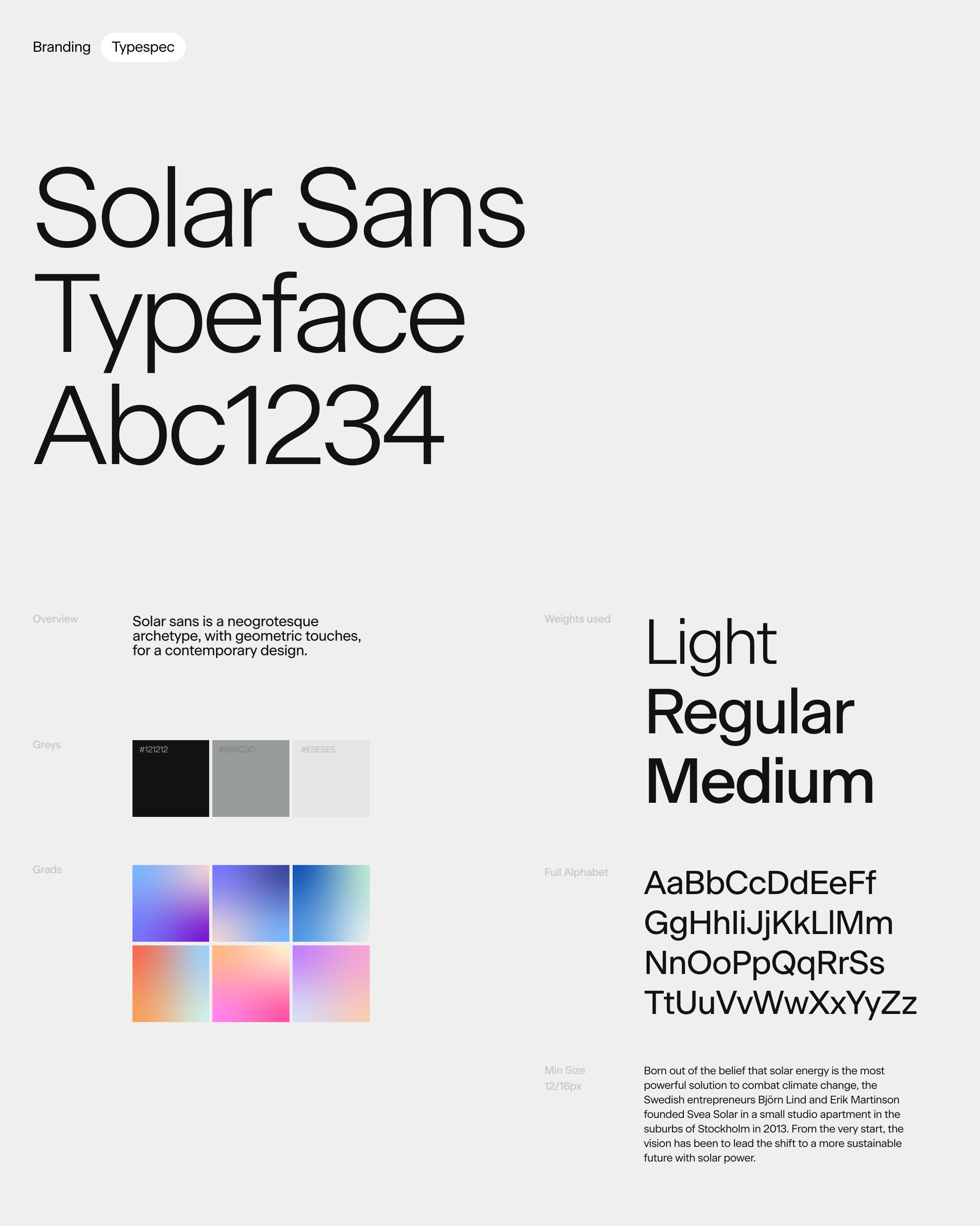 An image of Svea Solar type spec and brand framework showing typography