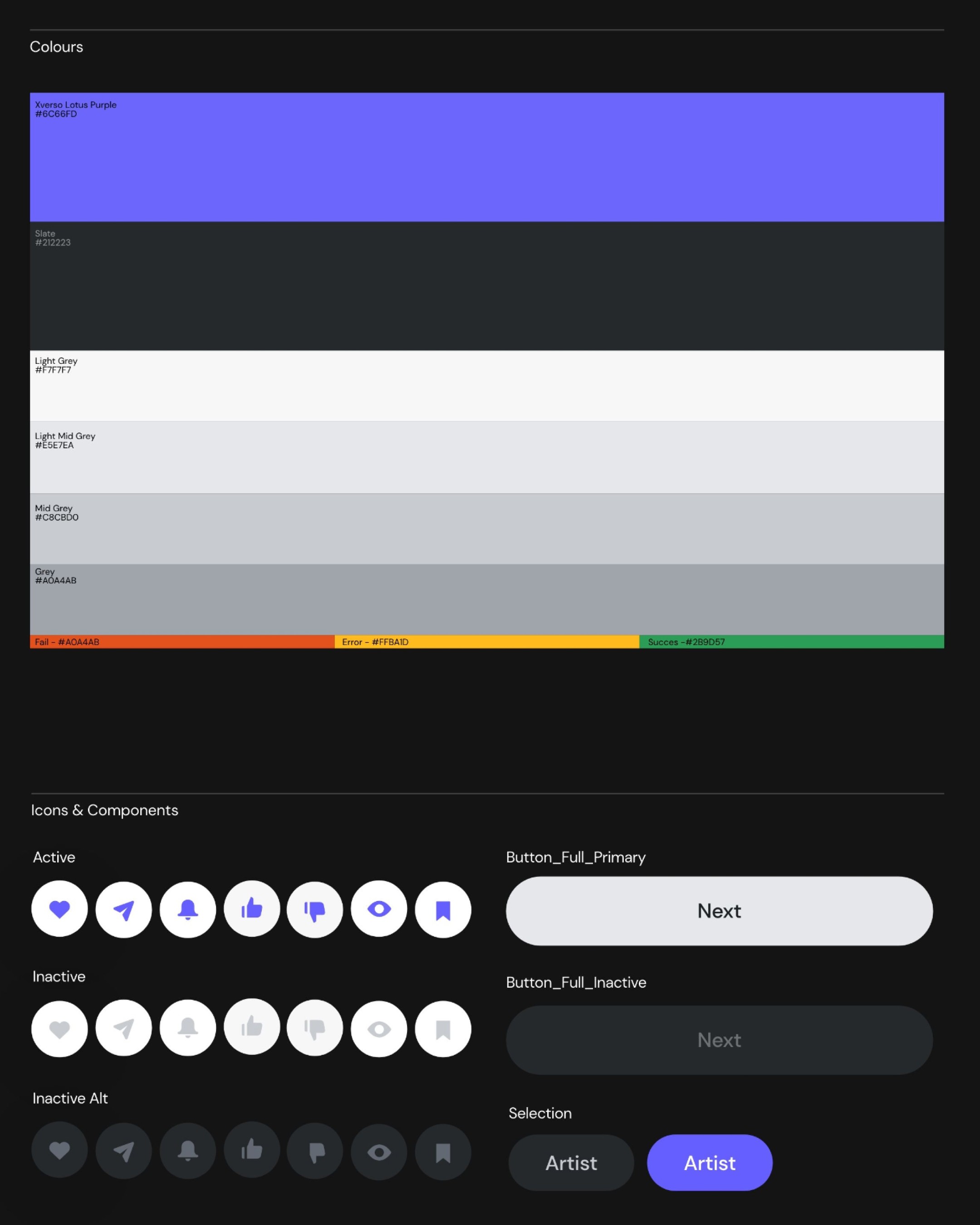 A Xverso image of the ui and brand guidelines showing colours and icons