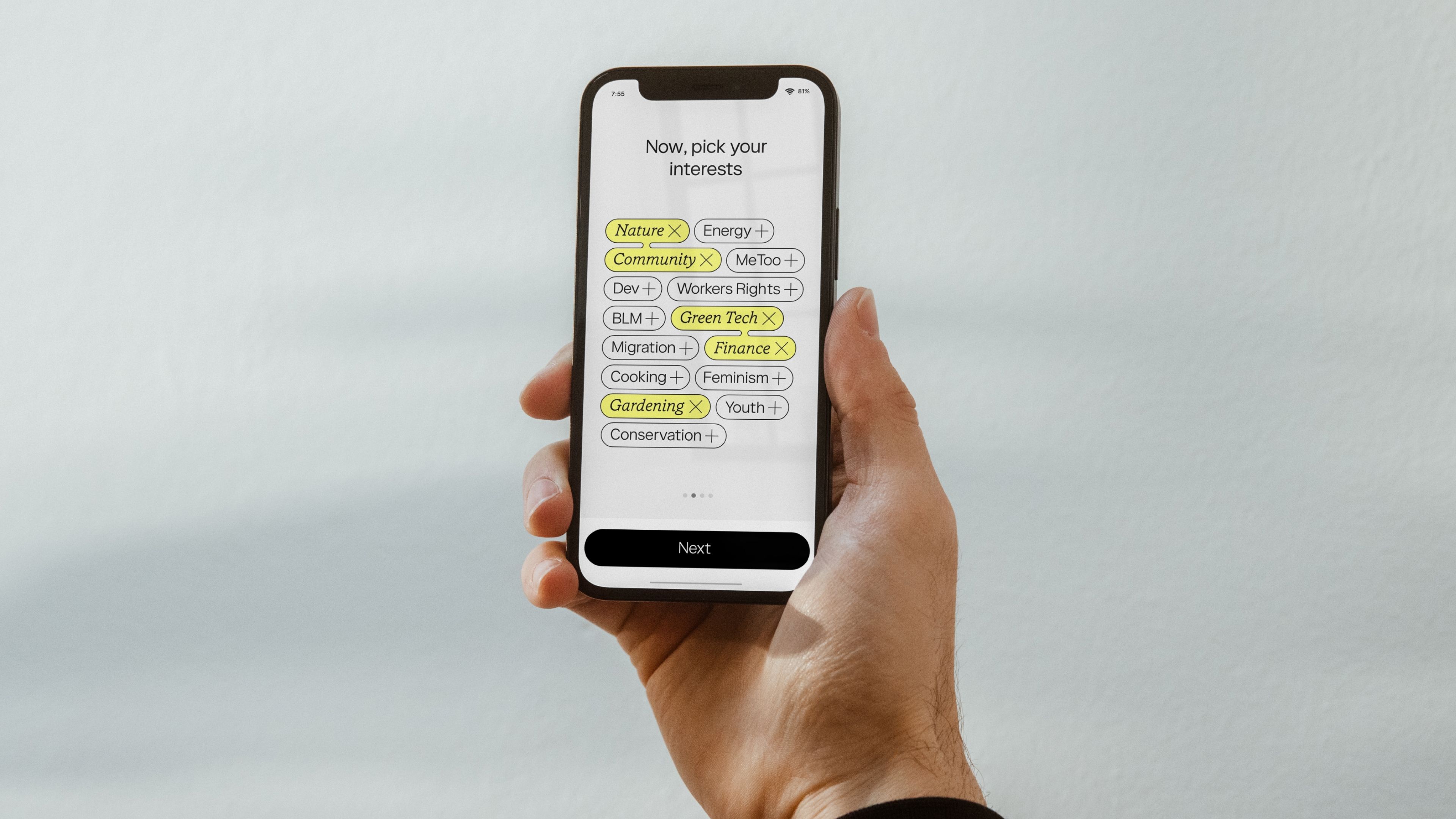 An image of Holi brand and product design in an app in a phone showing UI and UX