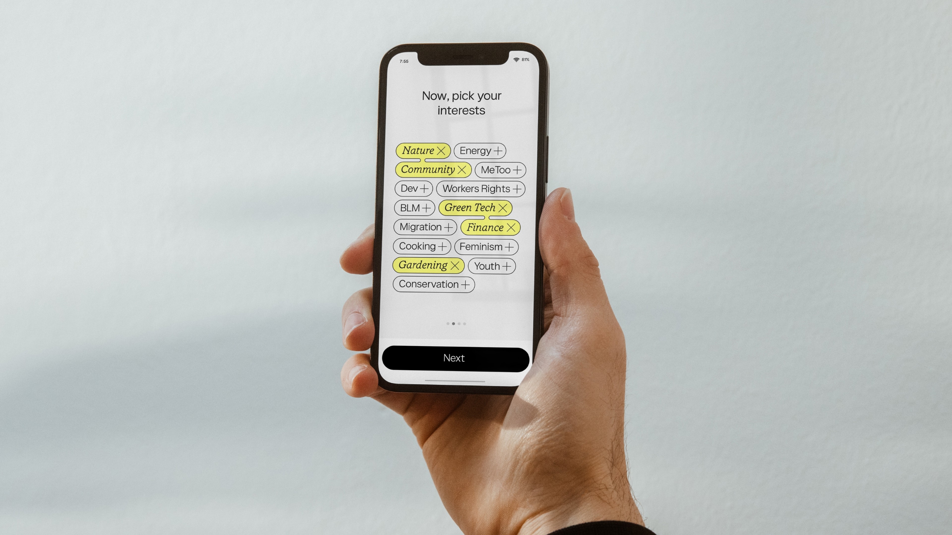 An image of Holi brand and product design in an app in a phone showing UI and UX