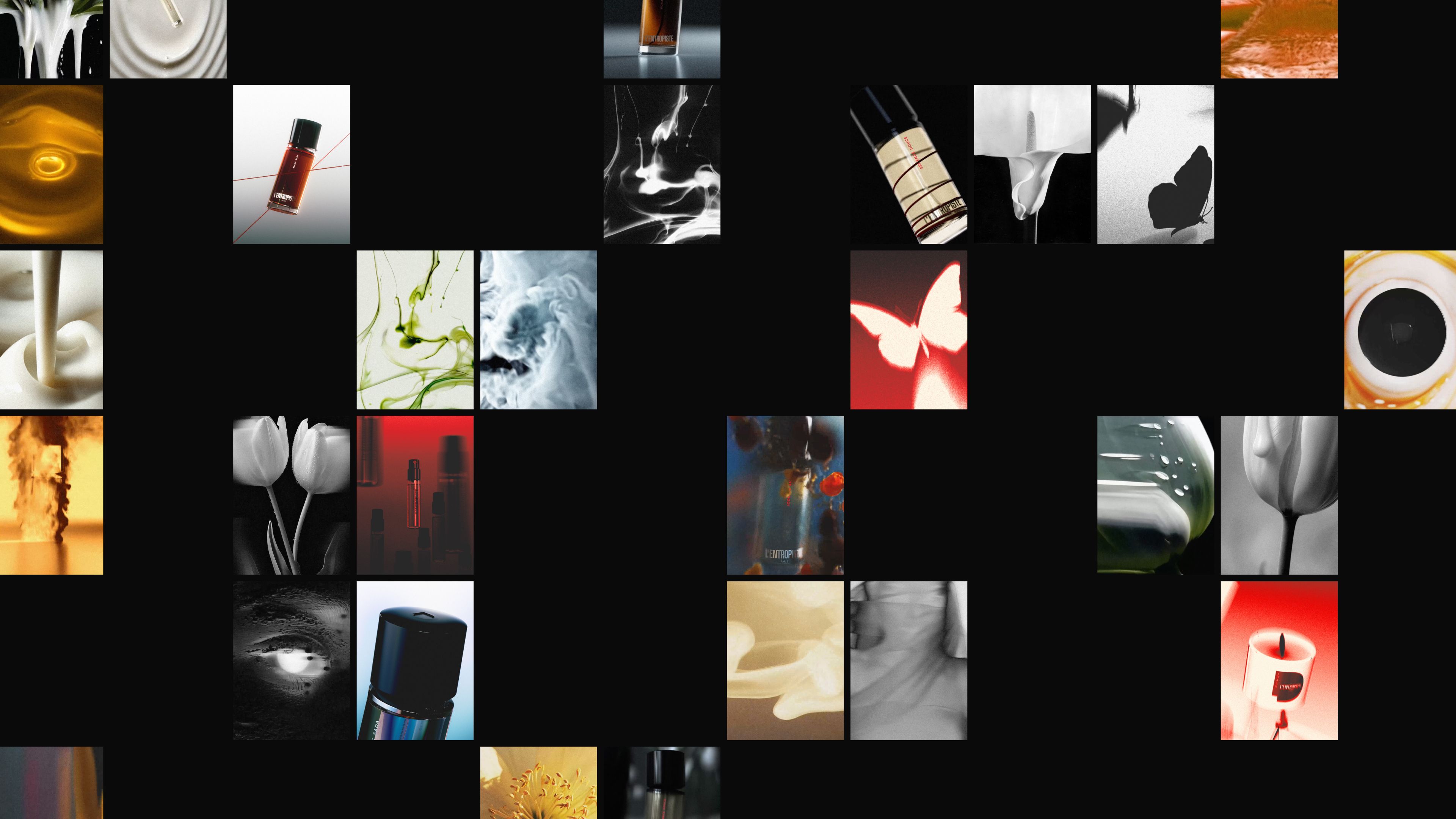 An image of L’Entropiste fragrance launch campaign marketing showing product CGI and still life