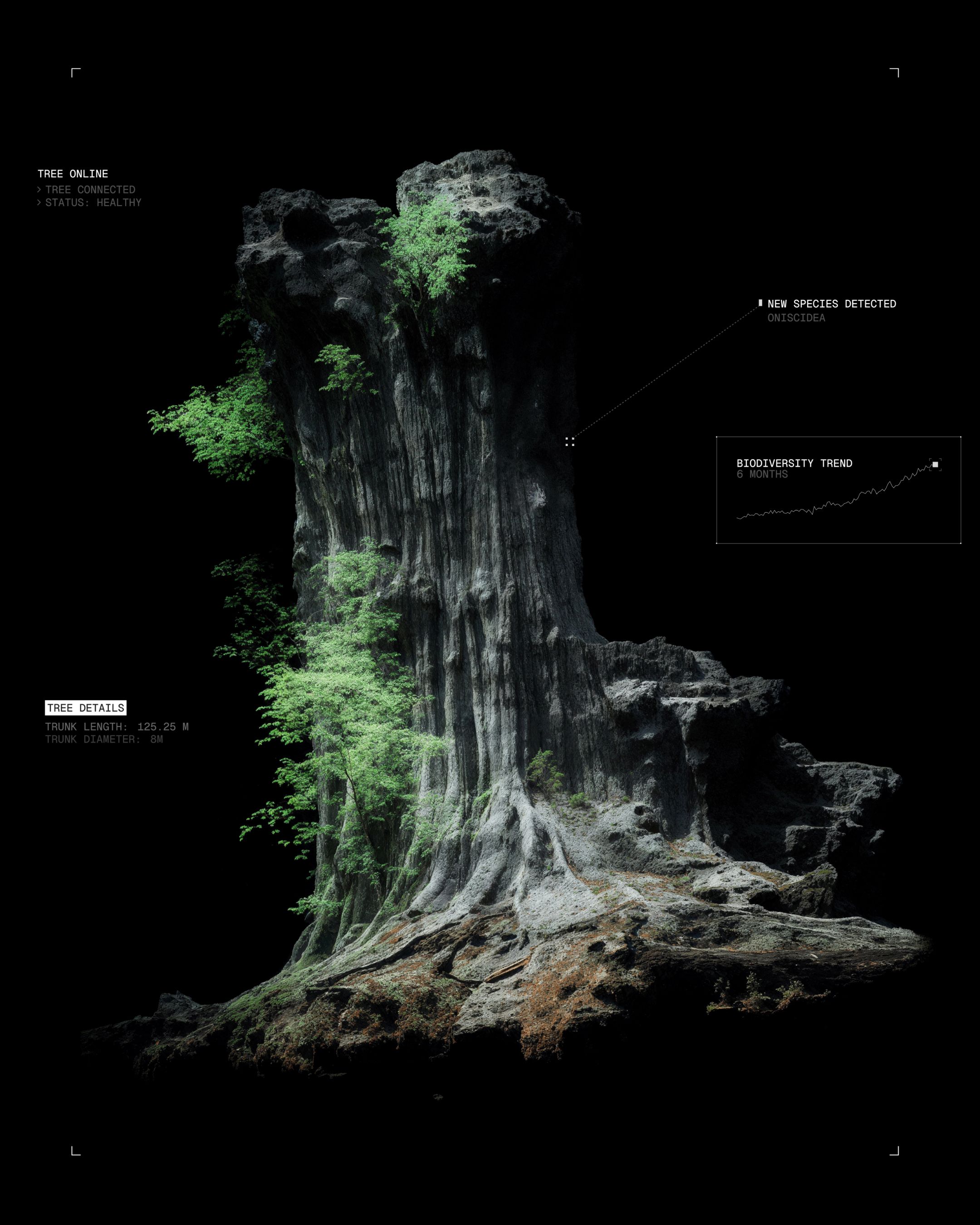 An image of Ikea Future Forest interactive experience showing the UI and the data graphic elements