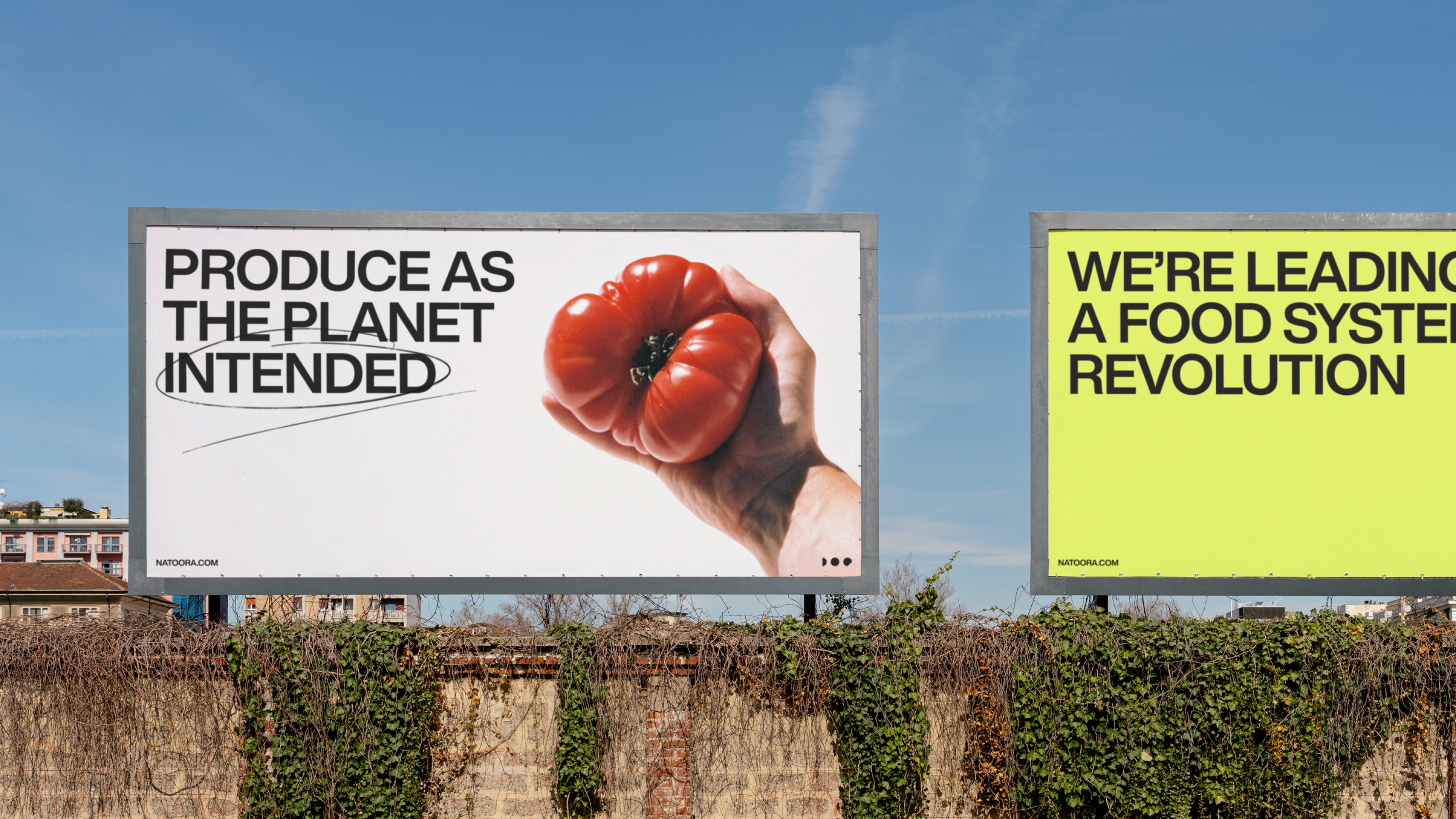 An image of Natoora brand as a ket visual on a billboard and ooh showing produce and messaging