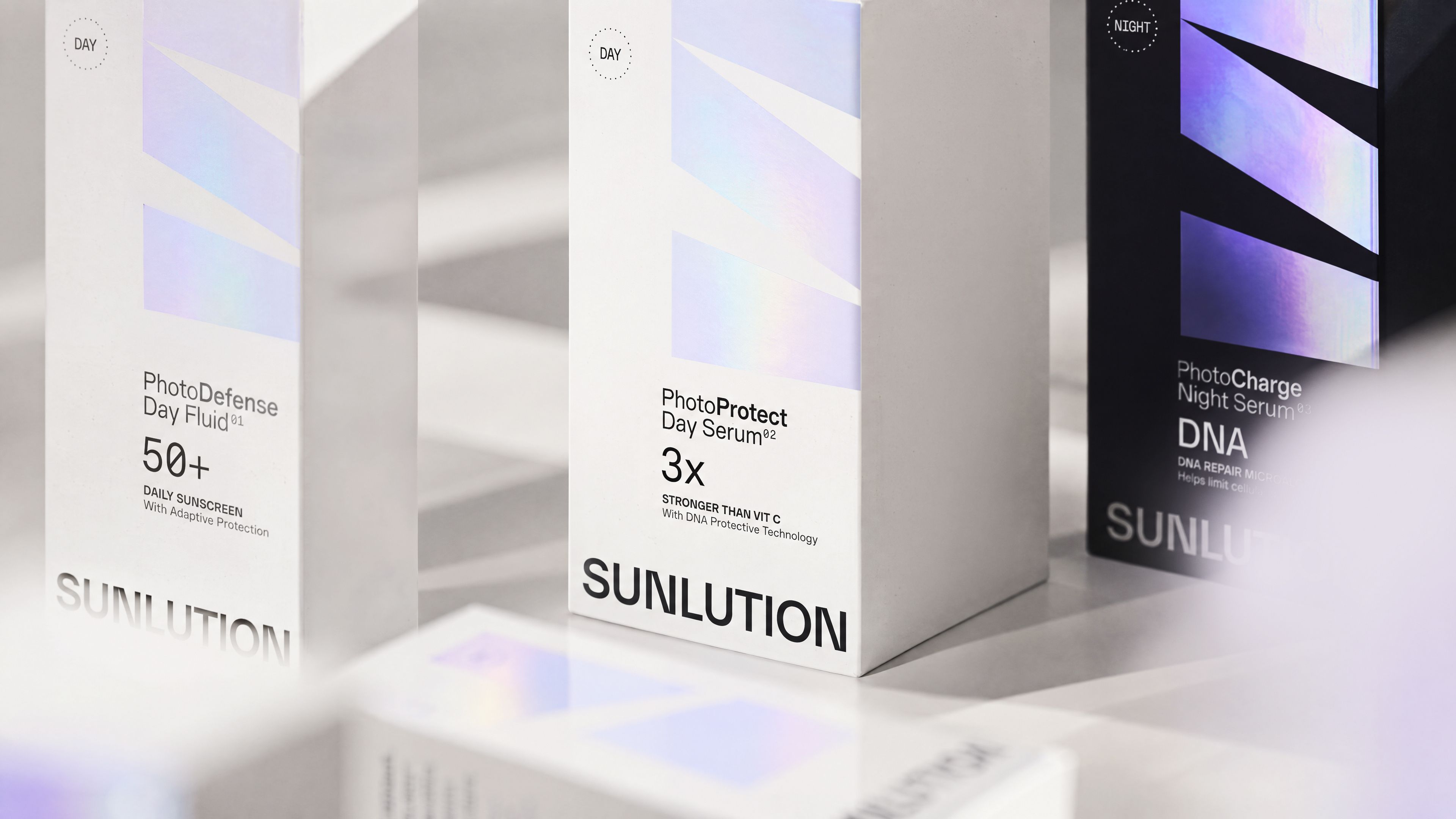 Sunlution skincare brand identity and packaging design by Justified Studio, a Parisian beauty brand inspired by light-conscious skincare and photoageing science