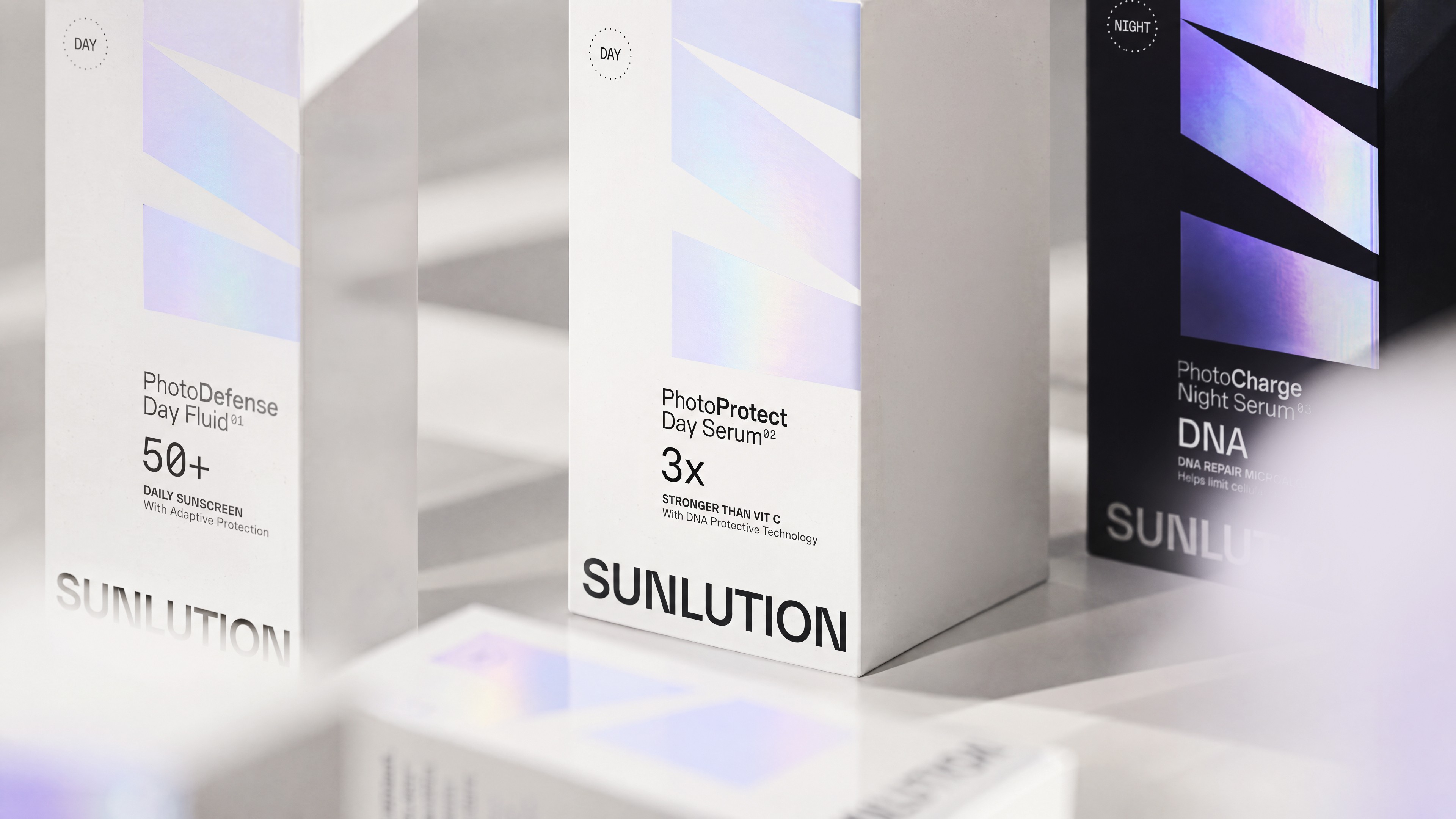 Sunlution skincare brand identity and packaging design by Justified Studio, a Parisian beauty brand inspired by light-conscious skincare and photoageing science