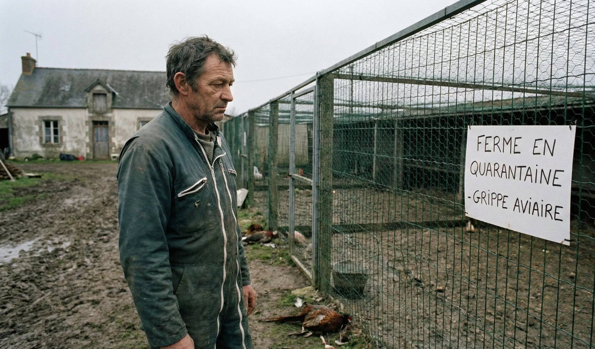 Homme devant une ferme et un panneau de quarantaine pour grippe aviaire.
