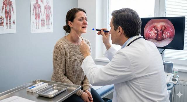 Médecin examinant la bouche d’une femme ; gros plan de bouche affiché sur un écran.