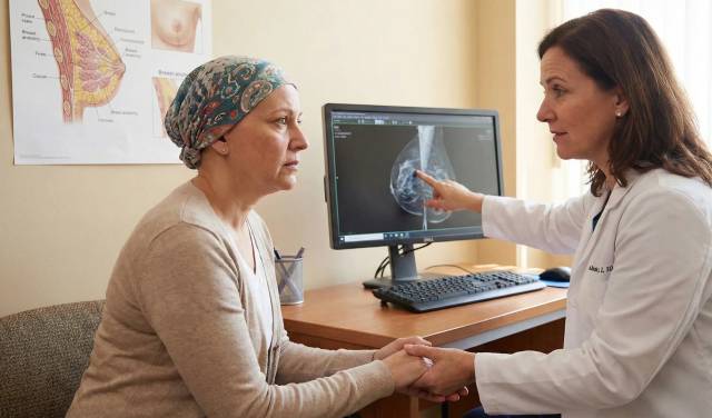 Une patiente et son médecin discutant des résultats d'une mammographie lors d'une consultation pour un cancer du sein.