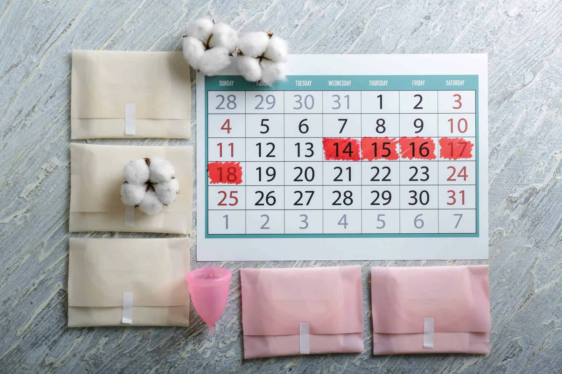 Calendrier, protections périodiques et tampons.