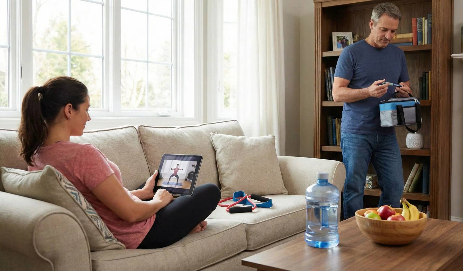 Deux personnes dans un salon avec un appel vidéo sur tablette et du matériel de sport.