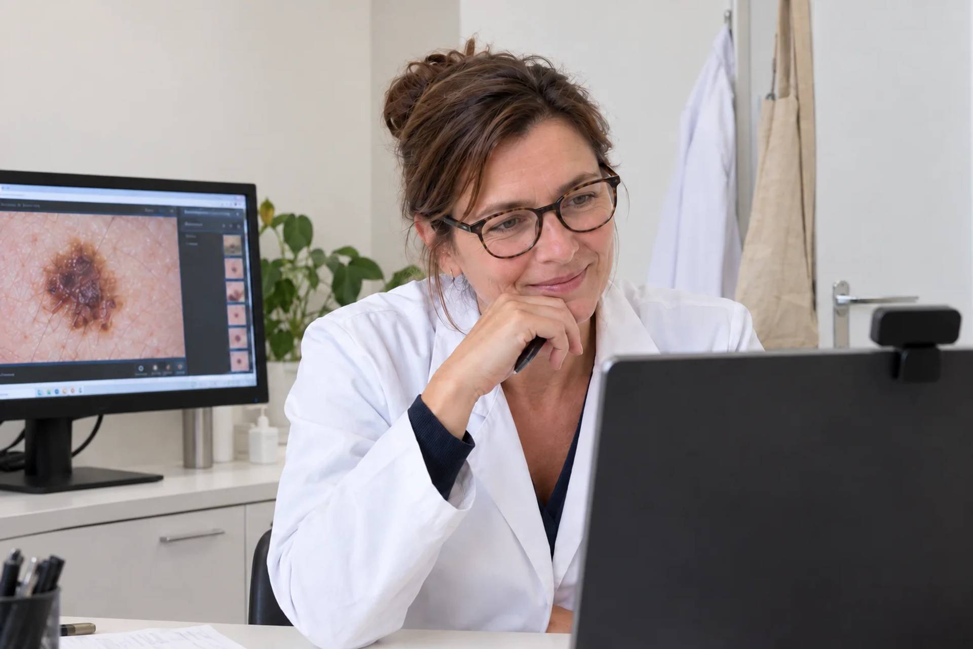 Dermatologue effectuant un examen dermatologique lors d'une téléconsultation médicale en ligne