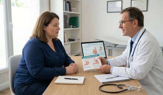 Présentation d’une brochure avec des schémas d’estomac à une femme.
