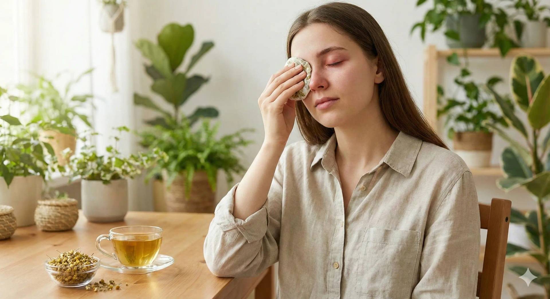 Femme appliquant une compresse naturelle sur œil irrité pour soulager conjonctivite