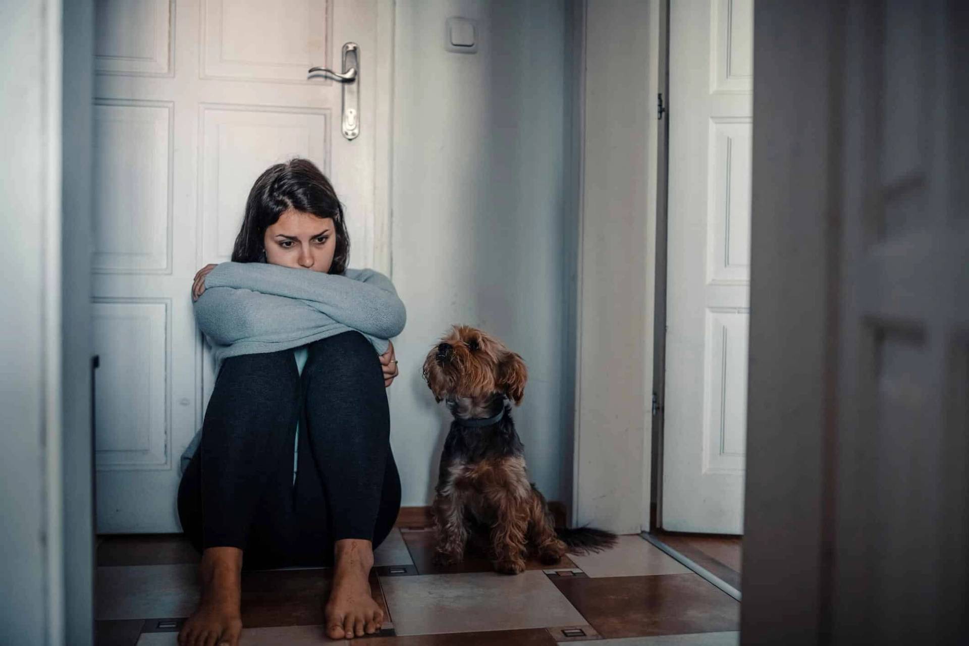 Femme recroquevillée dans un couloir avec un chien à côté.